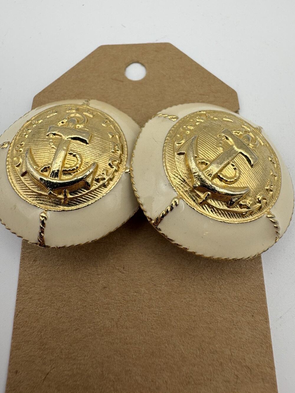 Vtg GAY BOYER Cream Enamel Gold Tone Nautical Anchor Clip On Earrings Statement